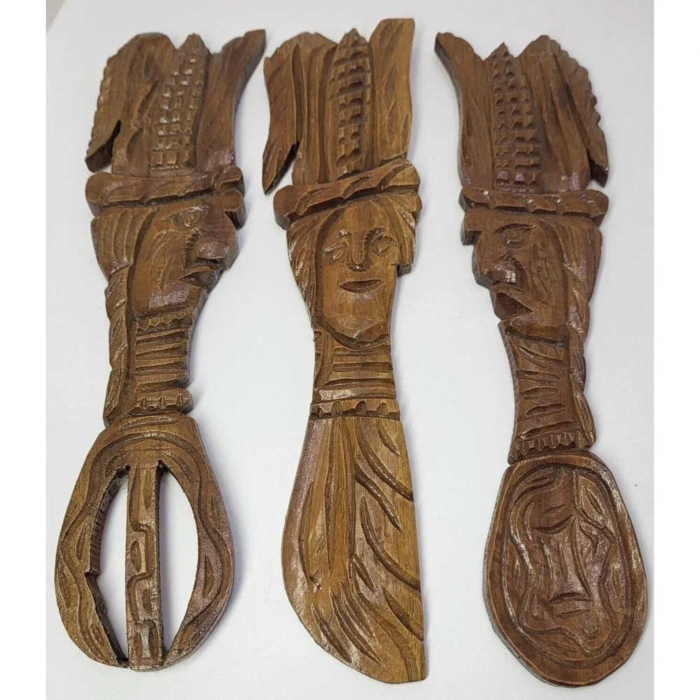 Hand Carved Wooden Tribal Tiki Totem Faces Knife Spoon Fork Wall Hanging Vintage